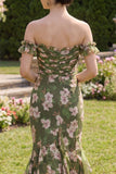 Mermaid Dark Green Floral Long Beach Wedding Guest Dress with Ruffles