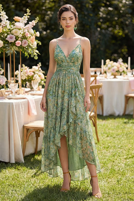 Dusty Green Ruched Floral V-Neck A Line High Low Beach Wedding Guest Dress with Ruffles