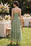 Dusty Green Ruched Floral V-Neck A Line High Low Beach Wedding Guest Dress with Ruffles