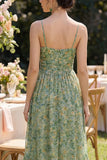 Dusty Green Ruched Floral V-Neck A Line High Low Beach Wedding Guest Dress with Ruffles