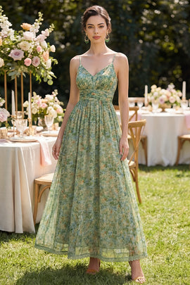 Dusty Green Spaghetti Straps Ruched Floral A Line Maxi Beach Wedding Guest Dress