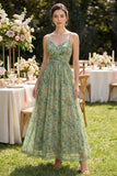 Dusty Green Spaghetti Straps Ruched Floral A Line Maxi Beach Wedding Guest Dress