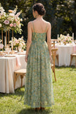 Dusty Green Spaghetti Straps Ruched Floral A Line Maxi Beach Wedding Guest Dress