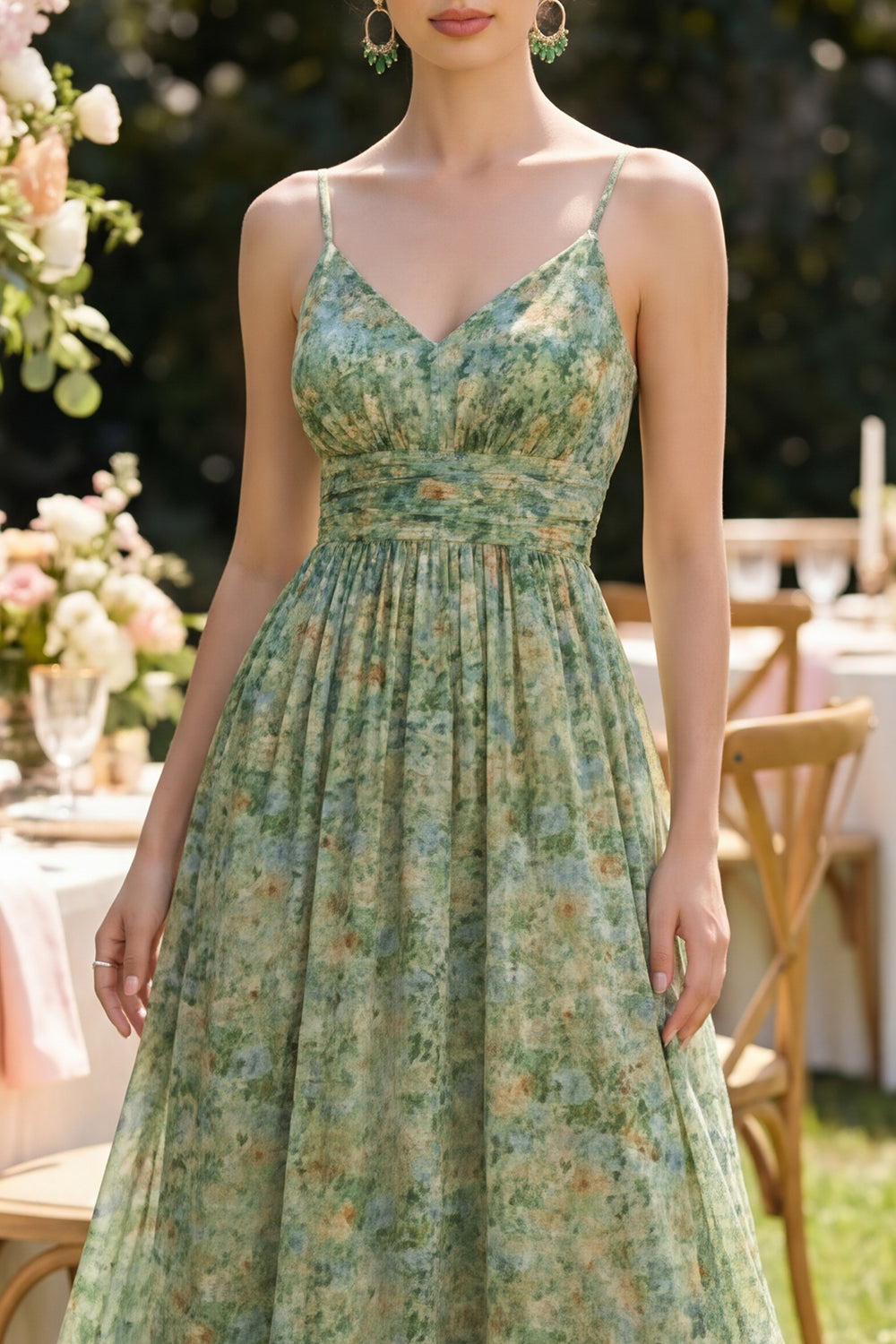 Dusty Green Spaghetti Straps Ruched Floral A Line Maxi Beach Wedding Guest Dress
