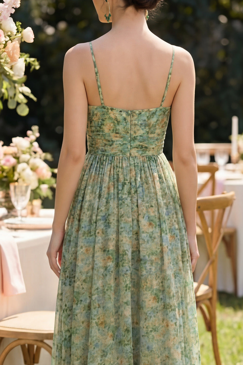 Dusty Green Spaghetti Straps Ruched Floral A Line Maxi Beach Wedding Guest Dress