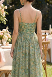 Dusty Green Spaghetti Straps Ruched Floral A Line Maxi Beach Wedding Guest Dress