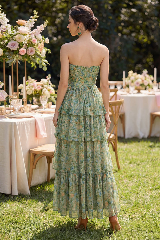 Corset Dusty Green Strapless Floral A Line Maxi Beach Wedding Guest Dress with Ruffles