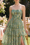 Corset Dusty Green Strapless Floral A Line Maxi Beach Wedding Guest Dress with Ruffles
