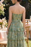 Corset Dusty Green Strapless Floral A Line Maxi Beach Wedding Guest Dress with Ruffles