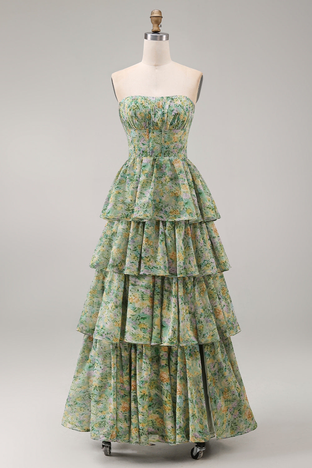 Corset Dusty Green Strapless Floral A Line Maxi Beach Wedding Guest Dress with Ruffles