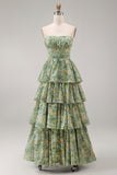 Corset Dusty Green Strapless Floral A Line Maxi Beach Wedding Guest Dress with Ruffles