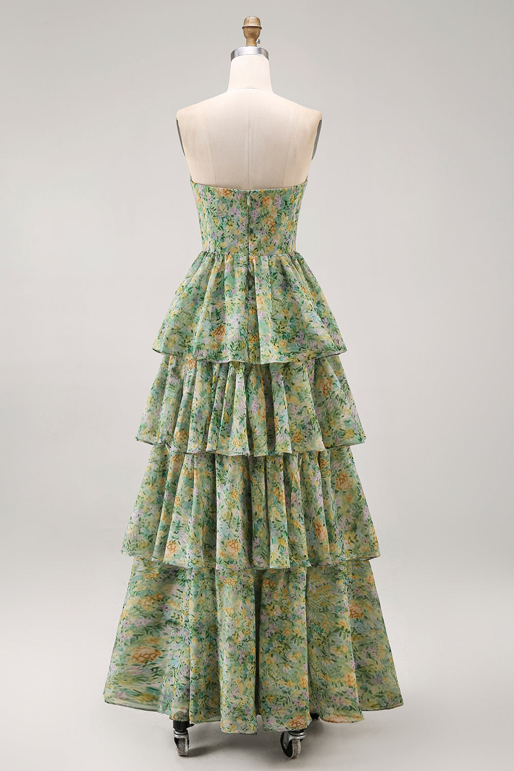 Corset Dusty Green Strapless Floral A Line Maxi Beach Wedding Guest Dress with Ruffles