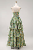 Corset Dusty Green Strapless Floral A Line Maxi Beach Wedding Guest Dress with Ruffles