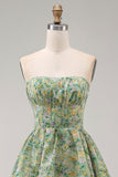 Corset Dusty Green Strapless Floral A Line Maxi Beach Wedding Guest Dress with Ruffles
