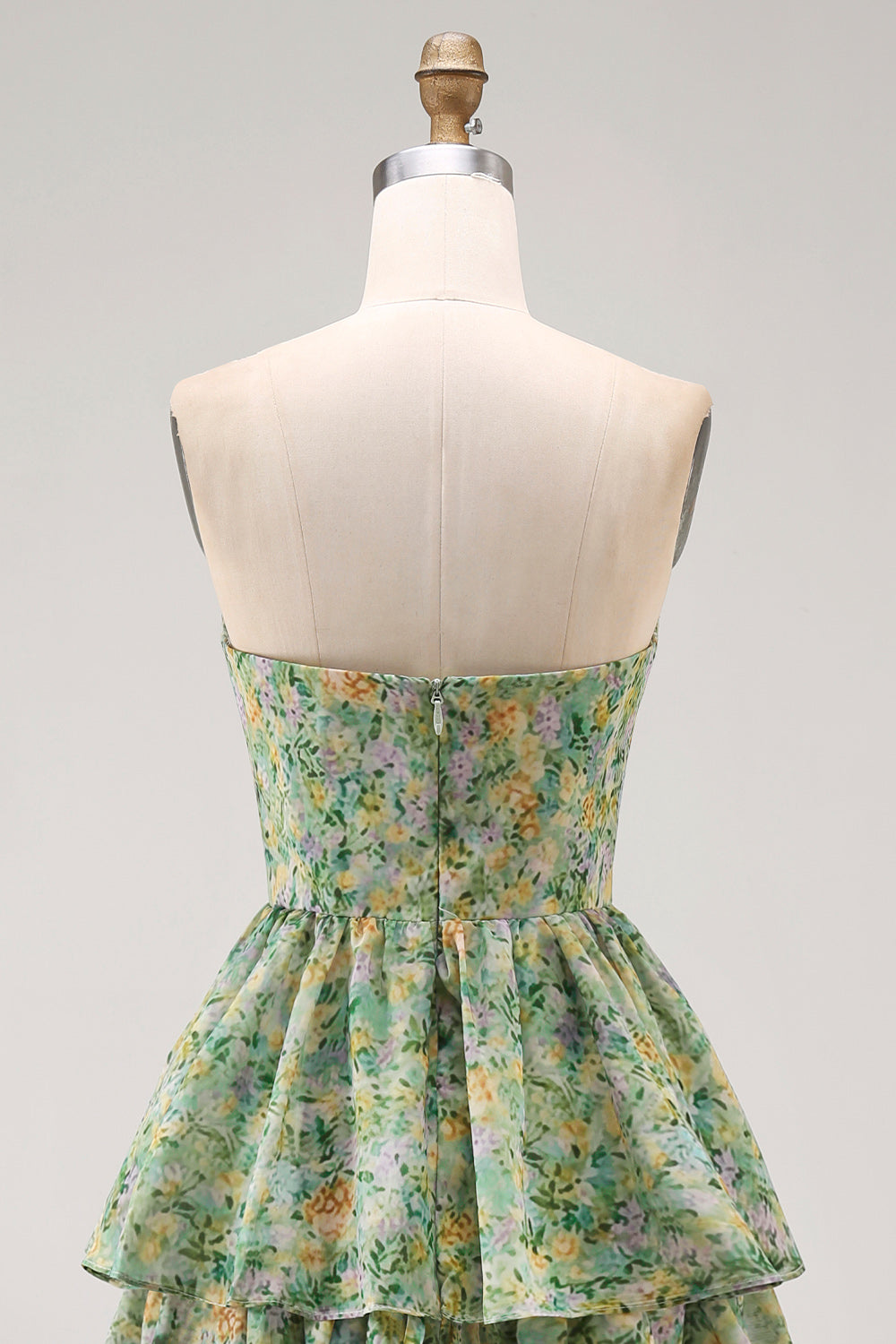 Corset Dusty Green Strapless Floral A Line Maxi Beach Wedding Guest Dress with Ruffles