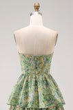 Corset Dusty Green Strapless Floral A Line Maxi Beach Wedding Guest Dress with Ruffles