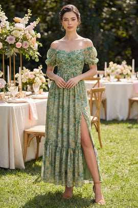 Puff Sleeves Dusty Green Ruched Floral A Line Maxi Beach Wedding Guest Dress with Slit