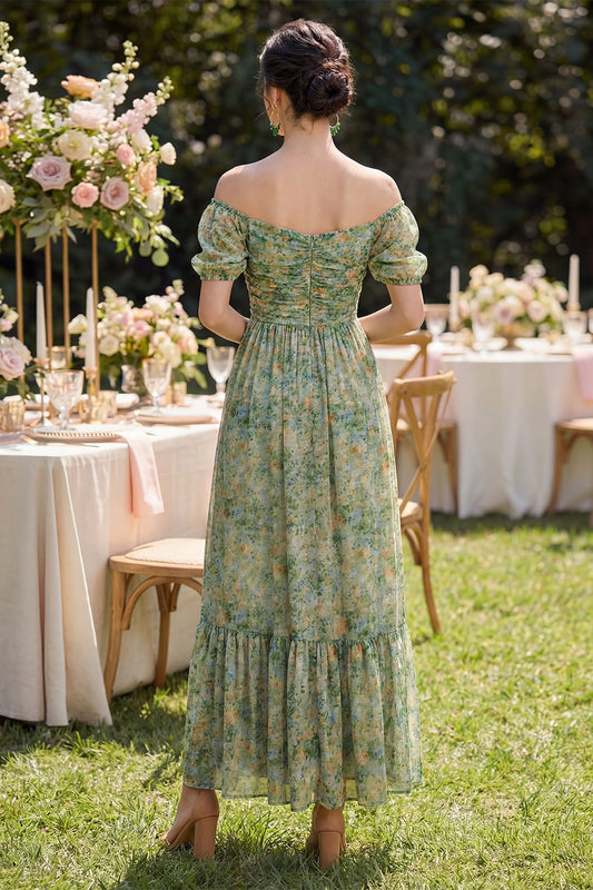 Puff Sleeves Dusty Green Ruched Floral A Line Maxi Beach Wedding Guest Dress with Slit