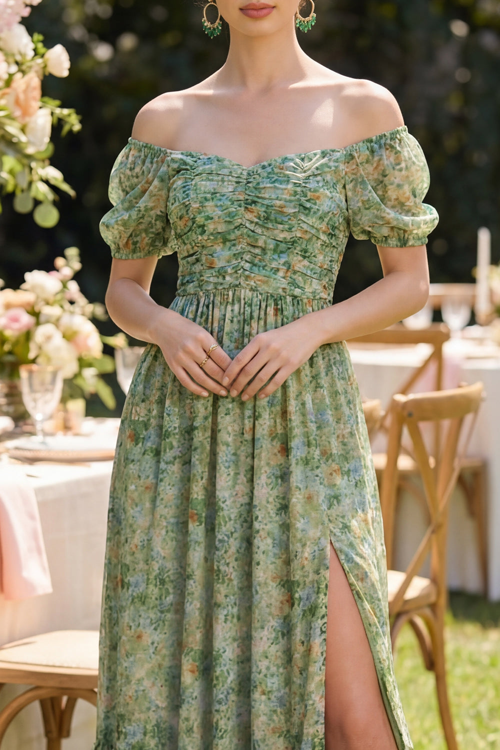 Puff Sleeves Dusty Green Ruched Floral A Line Maxi Beach Wedding Guest Dress with Slit