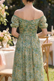 Puff Sleeves Dusty Green Ruched Floral A Line Maxi Beach Wedding Guest Dress with Slit