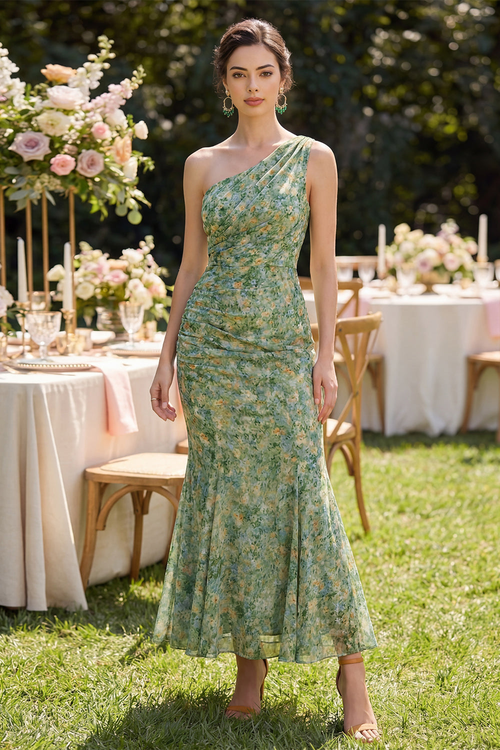 Mermaid Dusty Green Ruched One Shoulder Floral Maxi Beach Wedding Guest Dress