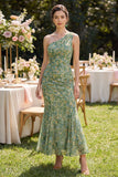 Mermaid Dusty Green Ruched One Shoulder Floral Maxi Beach Wedding Guest Dress