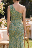 Mermaid Dusty Green Ruched One Shoulder Floral Maxi Beach Wedding Guest Dress
