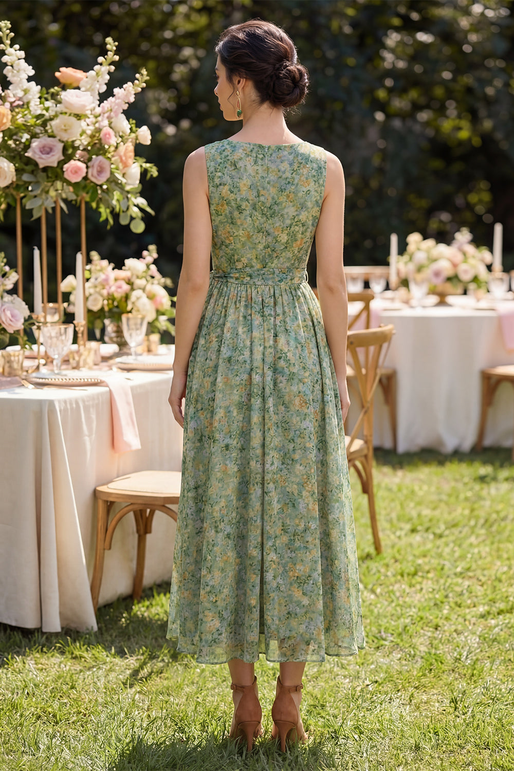 V-Neck Dusty Green Ruched Floral A Line Maxi Beach Wedding Guest Dress with Bow
