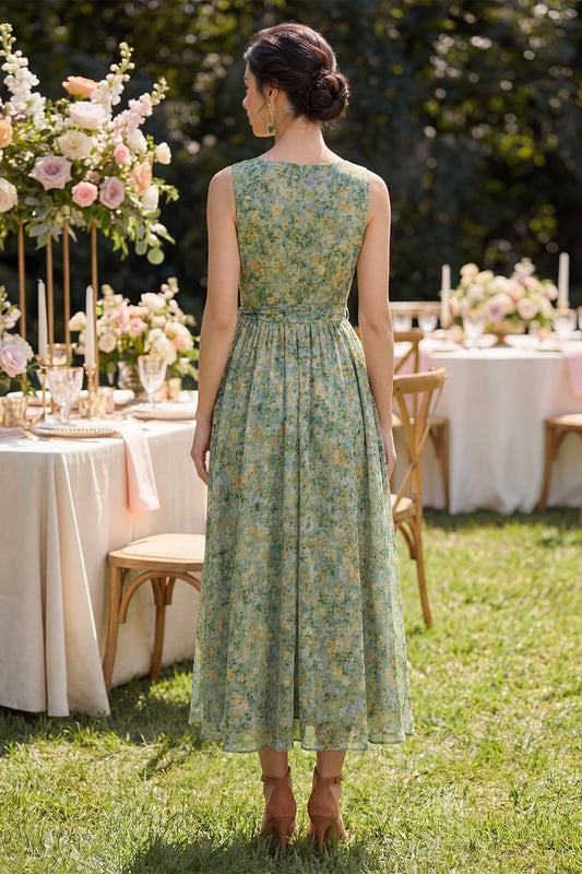 V-Neck Dusty Green Ruched Floral A Line Maxi Beach Wedding Guest Dress with Bow