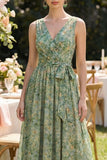 V-Neck Dusty Green Ruched Floral A Line Maxi Beach Wedding Guest Dress with Bow