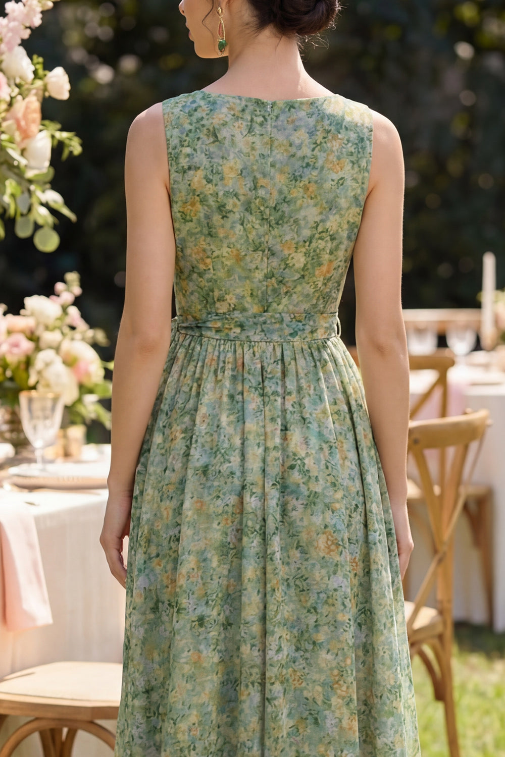 V-Neck Dusty Green Ruched Floral A Line Maxi Beach Wedding Guest Dress with Bow