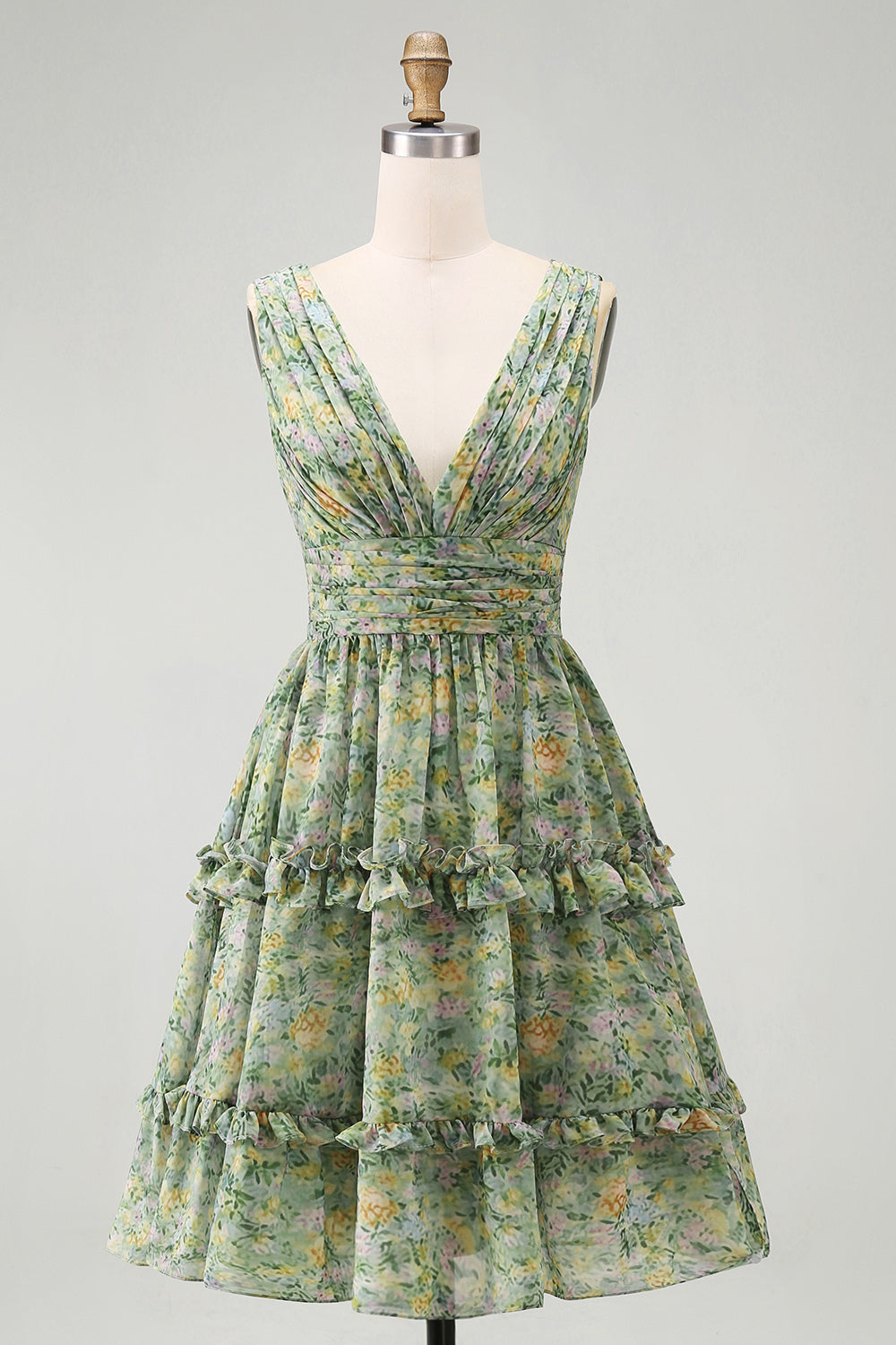 A Line V-Neck Dusty Green Ruched Floral Knee Length Beach Wedding Guest Dress with Ruffles