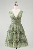 A Line V-Neck Dusty Green Ruched Floral Knee Length Beach Wedding Guest Dress with Ruffles