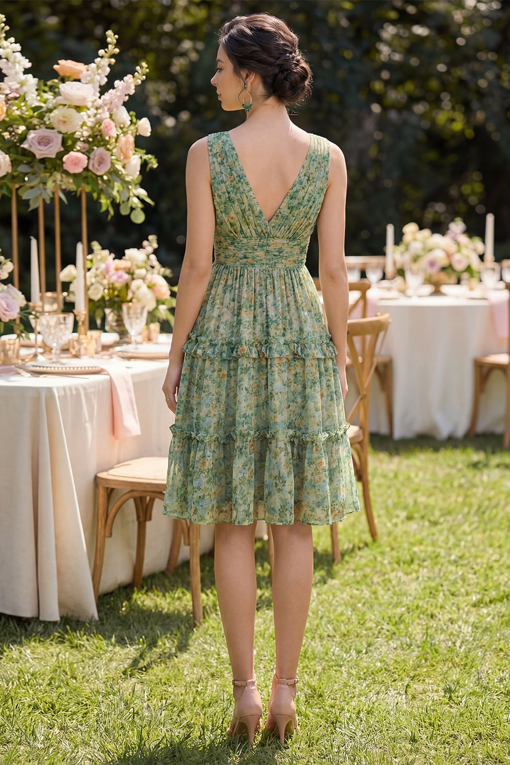 A Line V-Neck Dusty Green Ruched Floral Knee Length Beach Wedding Guest Dress with Ruffles
