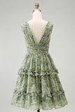 A Line V-Neck Dusty Green Ruched Floral Knee Length Beach Wedding Guest Dress with Ruffles