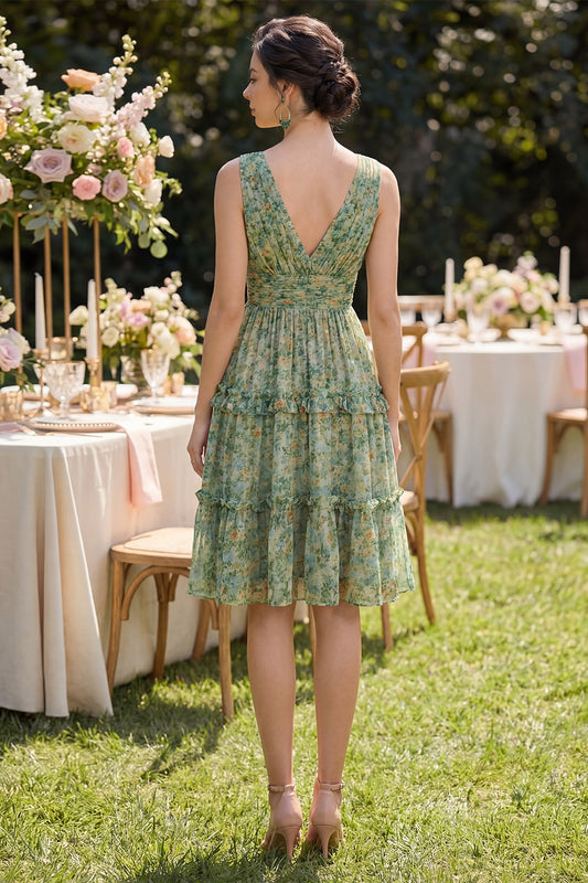 A Line V-Neck Dusty Green Ruched Floral Knee Length Beach Wedding Guest Dress with Ruffles
