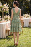 A Line V-Neck Dusty Green Ruched Floral Knee Length Beach Wedding Guest Dress with Ruffles