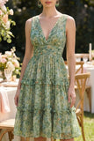 A Line V-Neck Dusty Green Ruched Floral Knee Length Beach Wedding Guest Dress with Ruffles