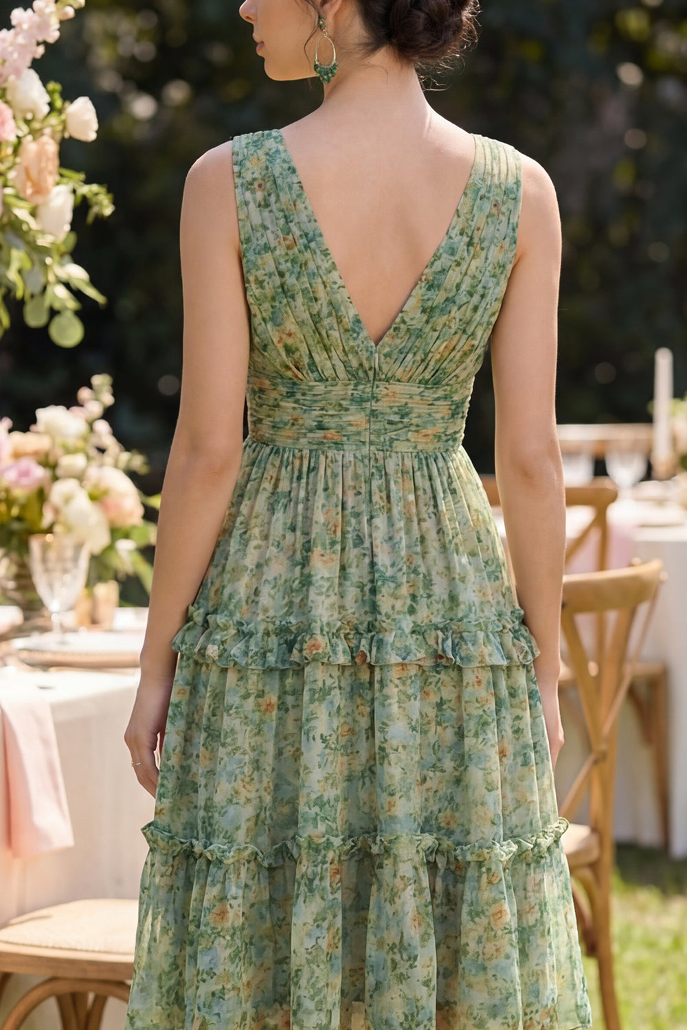 A Line V-Neck Dusty Green Ruched Floral Knee Length Beach Wedding Guest Dress with Ruffles