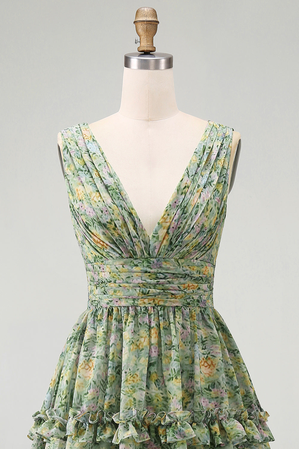 A Line V-Neck Dusty Green Ruched Floral Knee Length Beach Wedding Guest Dress with Ruffles