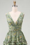 A Line V-Neck Dusty Green Ruched Floral Knee Length Beach Wedding Guest Dress with Ruffles