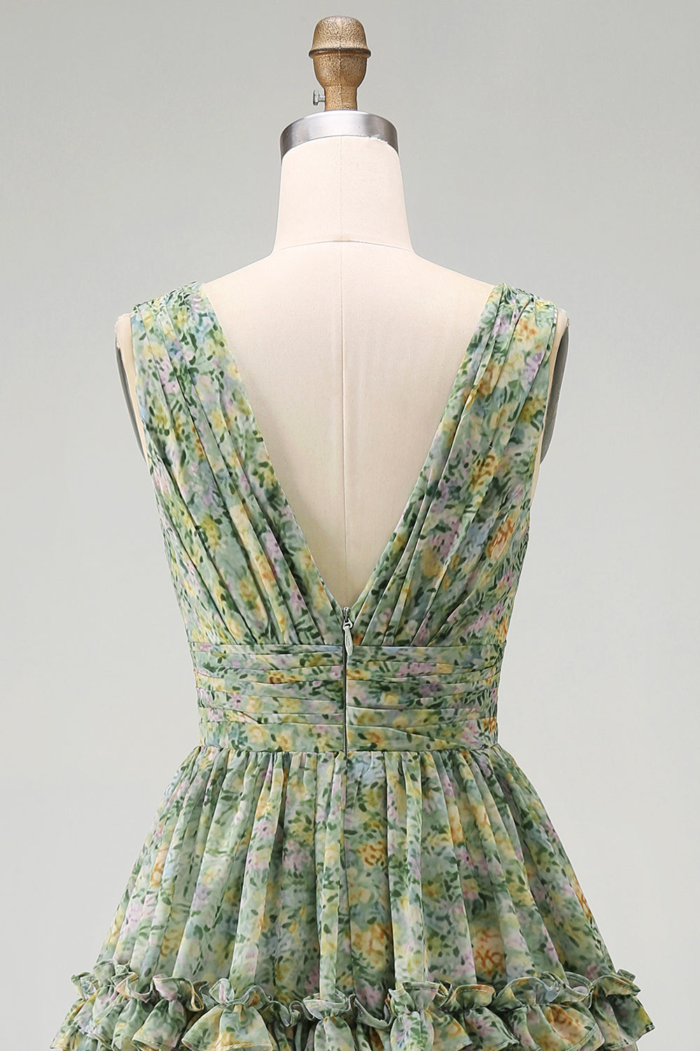 A Line V-Neck Dusty Green Ruched Floral Knee Length Beach Wedding Guest Dress with Ruffles