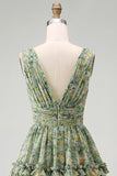 A Line V-Neck Dusty Green Ruched Floral Knee Length Beach Wedding Guest Dress with Ruffles