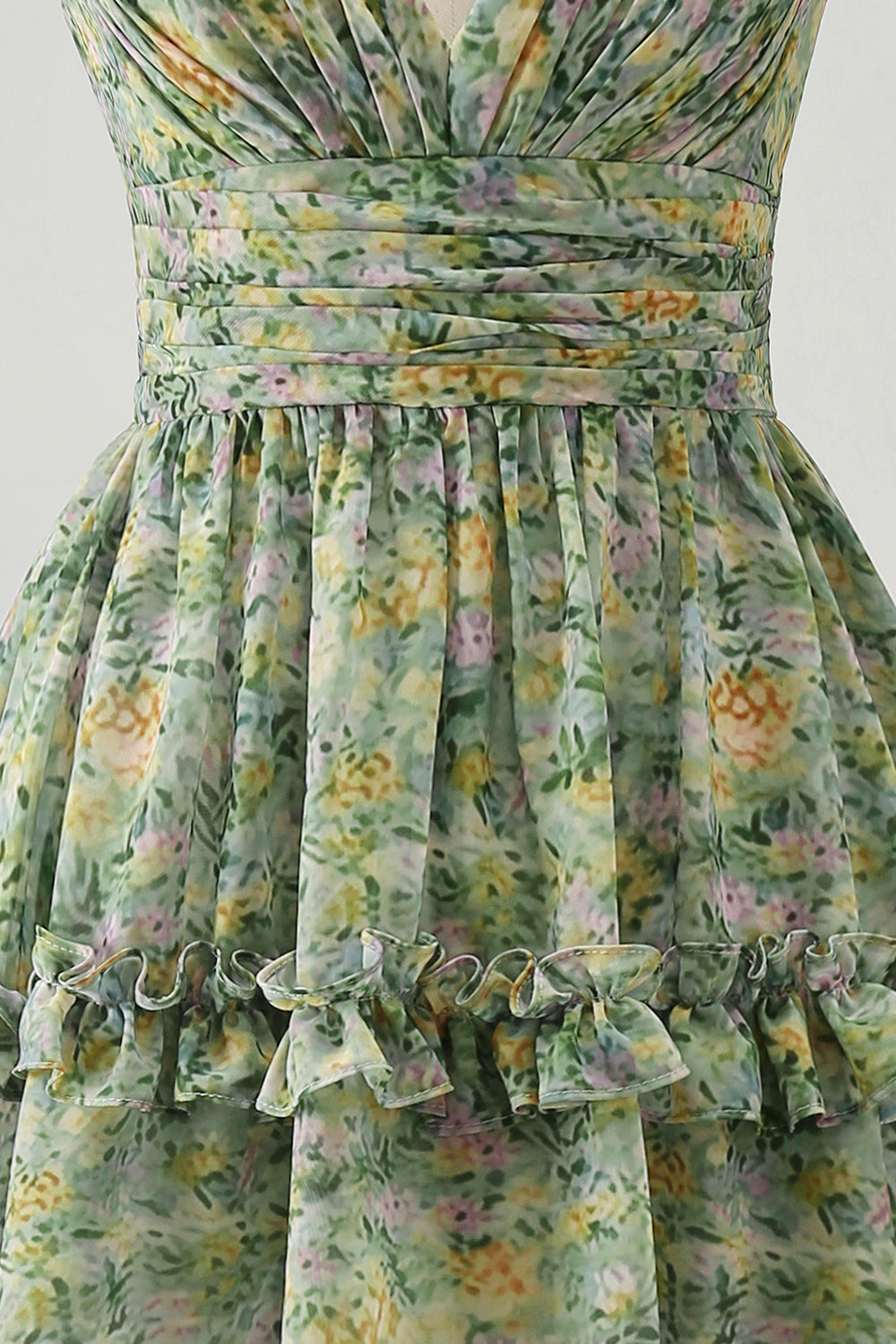 A Line V-Neck Dusty Green Ruched Floral Knee Length Beach Wedding Guest Dress with Ruffles