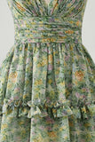 A Line V-Neck Dusty Green Ruched Floral Knee Length Beach Wedding Guest Dress with Ruffles