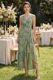 Sheath V-Neck Dusty Green Floral High Low Beach Wedding Guest Dress with Ruffles