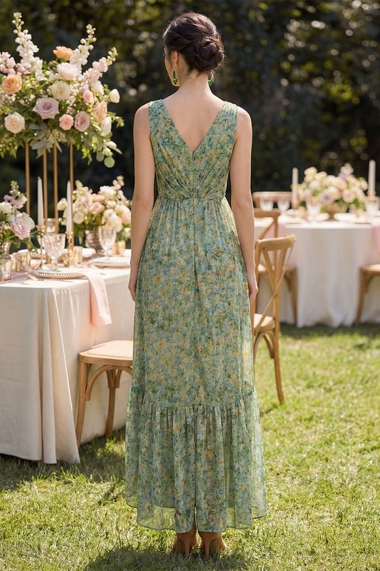 Sheath V-Neck Dusty Green Floral High Low Beach Wedding Guest Dress with Ruffles