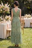Sheath V-Neck Dusty Green Floral High Low Beach Wedding Guest Dress with Ruffles