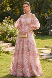 Puff Sleeves Floral Pink Fuchsia A Line Maxi Wedding Guest Dress with Pearls