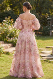 Puff Sleeves Floral Pink Fuchsia A Line Maxi Wedding Guest Dress with Pearls